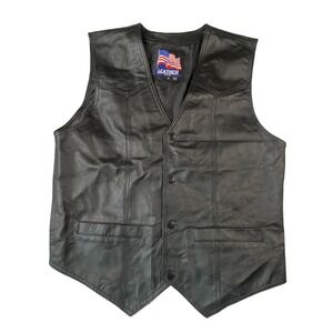 Leather USA Mens Vietnam Veteran Biker Vest Black Genuine Leather Size M Patch